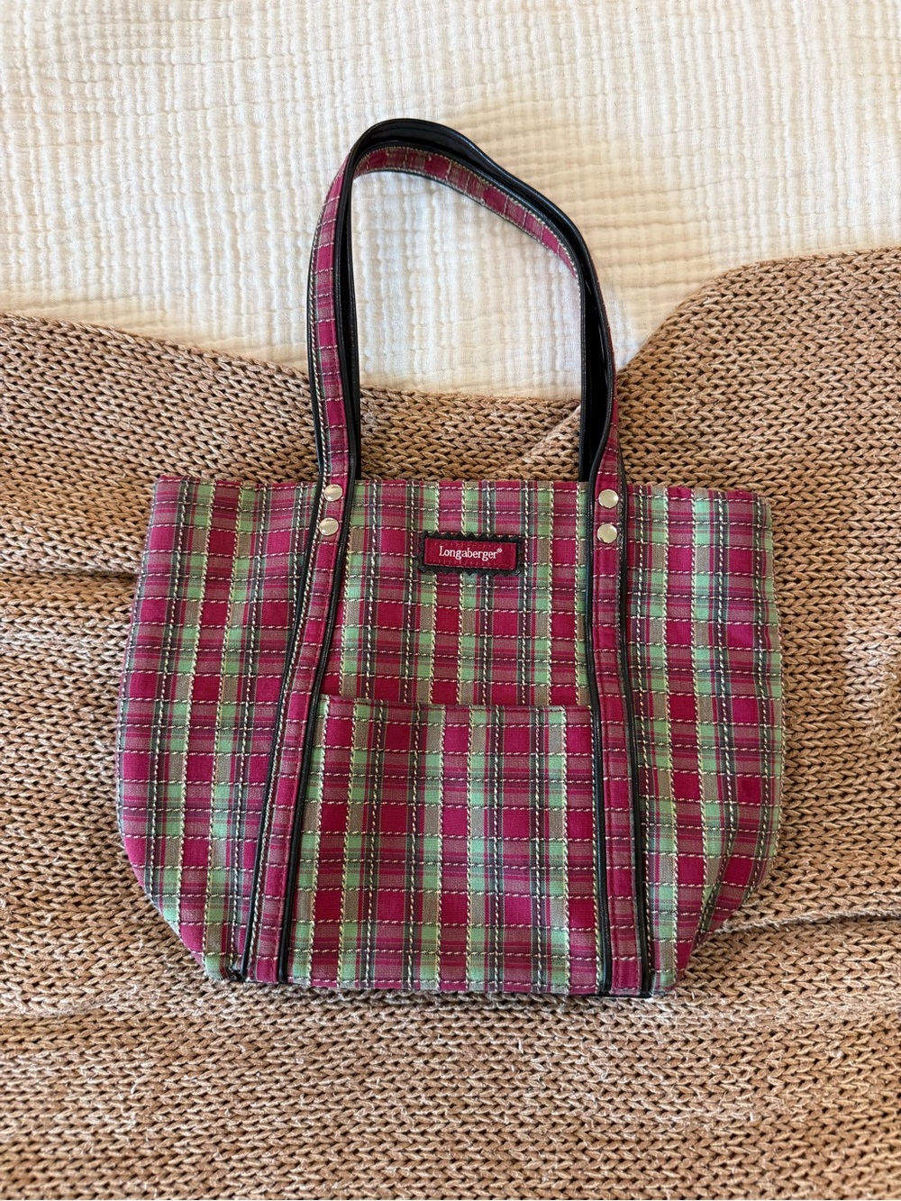 Longaberger Maroon and Green Plaid Shoulder Tote